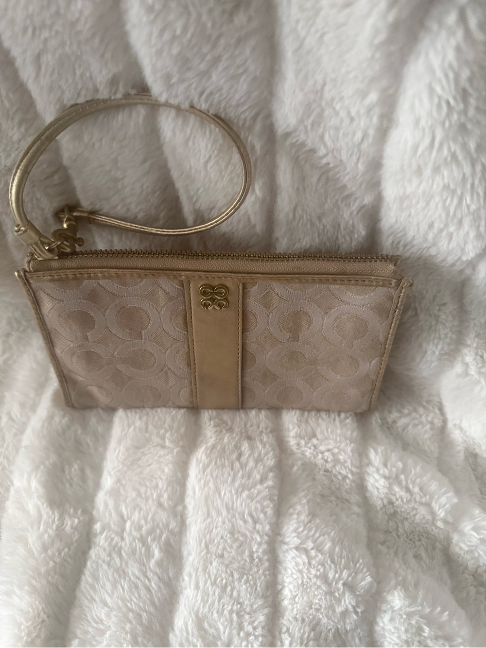 Coach Beige Signature Wristlet with Gold Trim